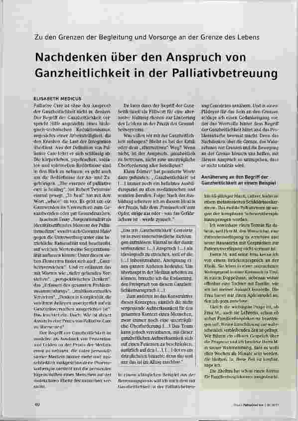 Vorschauseite 1: Nachdenken über den Anspruch von Ganzheitlichkeit in der Palliativbetreuung