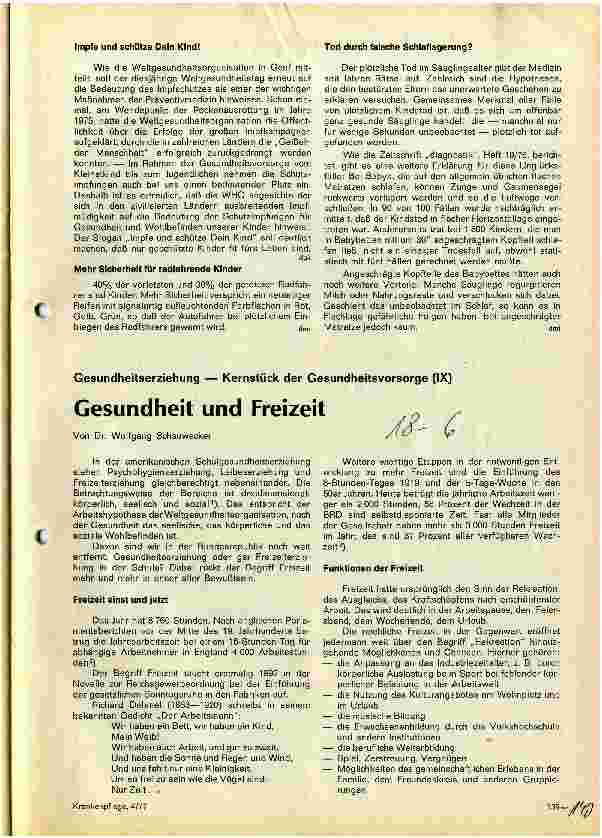 Vorschauseite 1: Gesundheit und Freizeit Gesundheitserziehung - Kernstück der Gesundheitsvorsorge (IX)