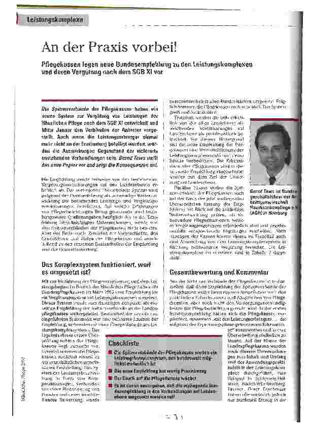 Vorschauseite 1: An der Praxis vorbei! Pflegekassen legen neue Bundesempfehlung zu den Leistungskomplexen und deren Vergütung nach dem SGB XI