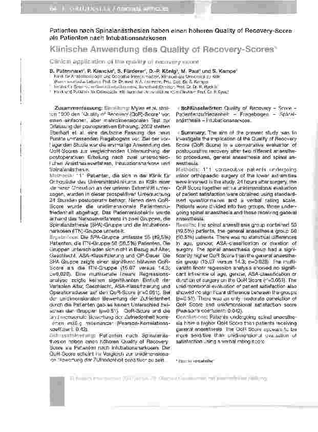 Vorschauseite 1: Klinische Anwendung des Quality of Recovery-Scores