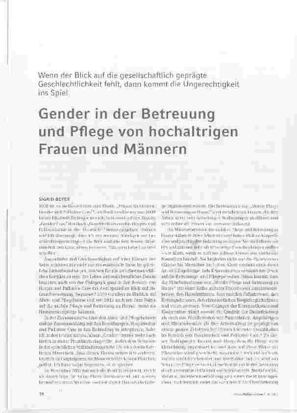 Vorschauseite 1: Gender in der Betreuung und Pflege von hochaltrigen Frauen und Männern