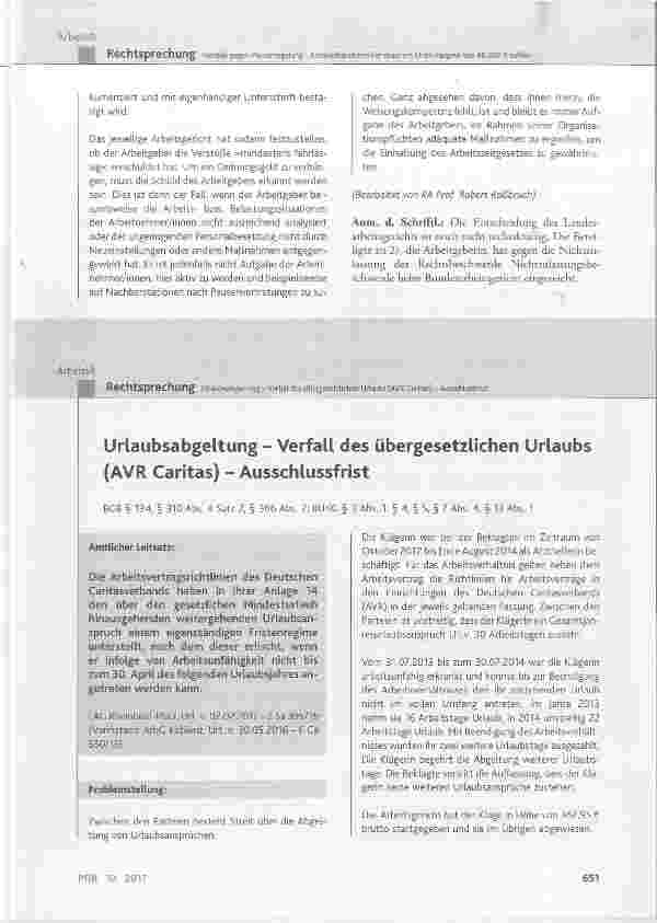 Vorschauseite 1: Urlaubsabgeltung Verfall des übergesetzlichen Urlaubs (AVR Caritas) Ausschlussfrist