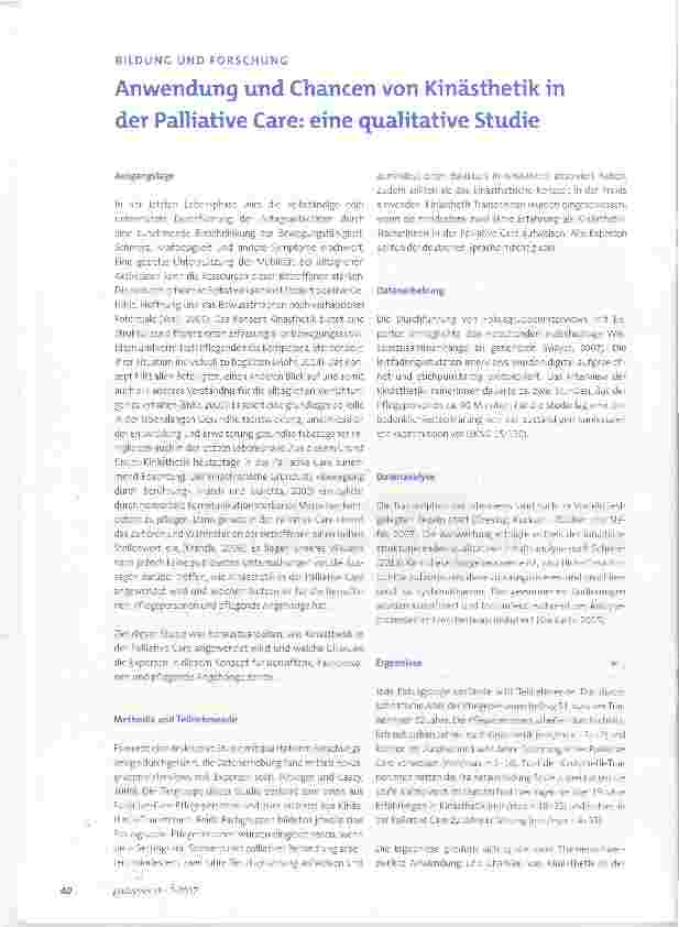 Vorschauseite 1: Anwendung und Chancen von Kinästhetik in der Palliative Care: eine qualitative Studie