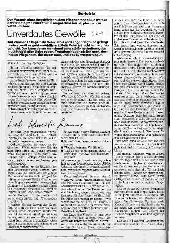 Vorschauseite 1: Unverdautes Gewölle Der Versuch einer Angehörigen, dem Pflegepersonal die Welt, in der ihr betagter Vater stumm eingeschlossen ist,