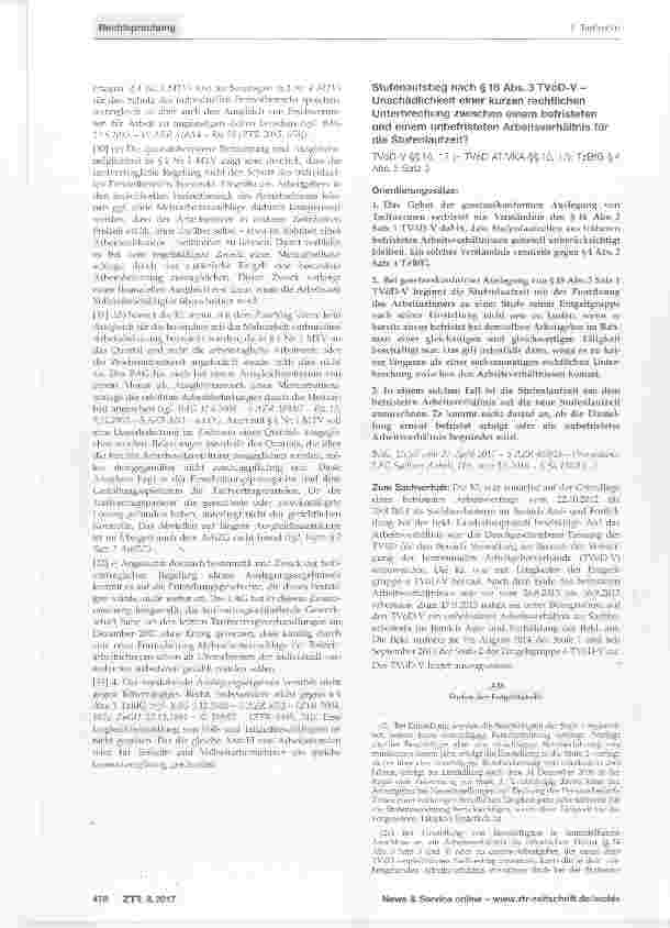 Vorschauseite 1: Stufenaufstieg nach §16 Abs. 3 TVöD-V Unschädlichkeit einer kurzen rechtlichenUnterbrechung zwischen einem befristeten und einem unbefristeten Arbeitsverhältnis fürdie Stufenlaufz…