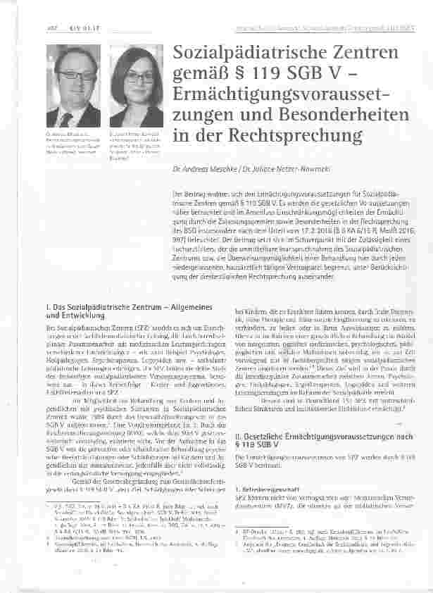 Vorschauseite 1: Sozialpädiatrische Zentren gemäß § 119 SGB V -Ermächtigungsvoraussetzungen und Besonderheitenin der Rechtsprechung
