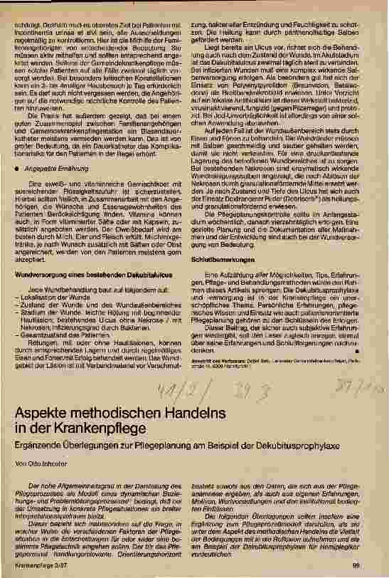 Vorschauseite 1: Aspekte methodischen Handelns in der Krankenpflege/Ergänzende Überlegungen zur Pflegeplanung am Beispiel der Dekubitusprophylaxe