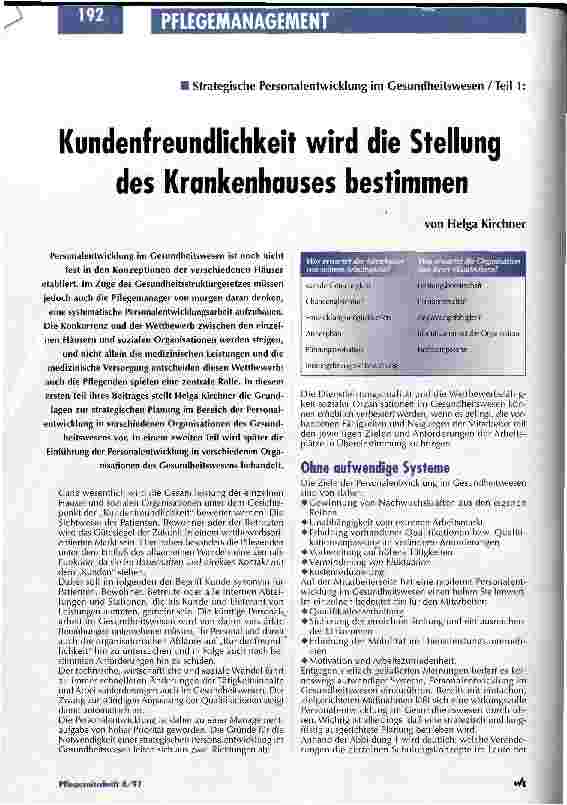 Vorschauseite 1: Kundenfreundlichkeit wird die Stellung des Krankenhauses bestimmen Strategische Personalentwicklung im Gesundheitswesen / Teil 1