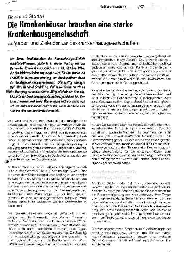 Vorschauseite 1: Die Krankenhäuser brauchen eine starke Krankenhausgemeinschaft Aufgaben und Ziele der Landeskrankenhausgesellschaften