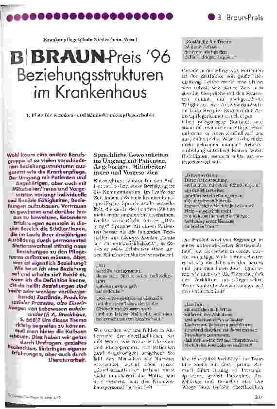 Vorschauseite 1: B BRAUN-Preis 96 Beziehungsstrukturen im Krankenhaus 1. Platz für Krankenund Kinderkrankenpflegeschulen