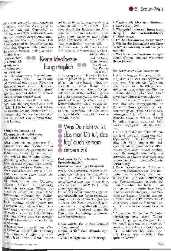 Vorschauseite 3: B BRAUN-Preis 96 Beziehungsstrukturen im Krankenhaus 1. Platz für Krankenund Kinderkrankenpflegeschulen