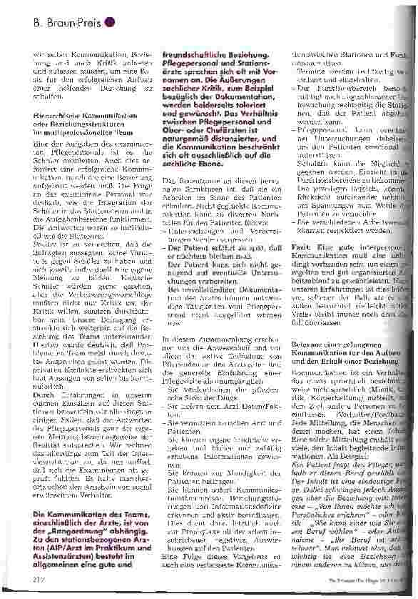 Vorschauseite 6: B BRAUN-Preis 96 Beziehungsstrukturen im Krankenhaus 1. Platz für Krankenund Kinderkrankenpflegeschulen