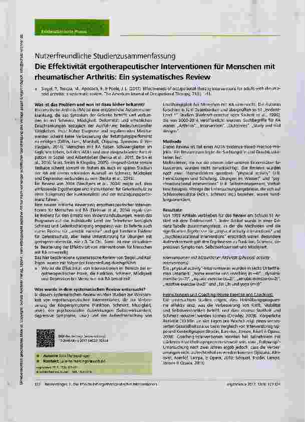 Vorschauseite 1: Nutzerfreundliche Studienzusammenfassung Die Effektivität ergotherapeutischer Interventionen für Menschen mit rheumatischer Arthritis: Ein systematisches Review