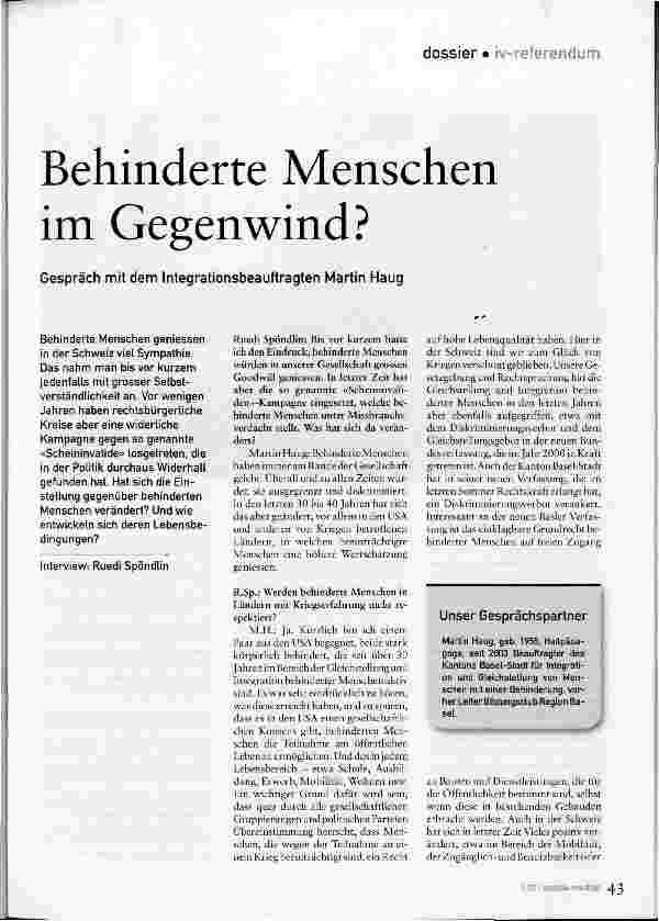 Vorschauseite 1: Behinderte Menschen im Gegenwind?Gespräch mit dem Integrationsbeauftragten Martin Haug