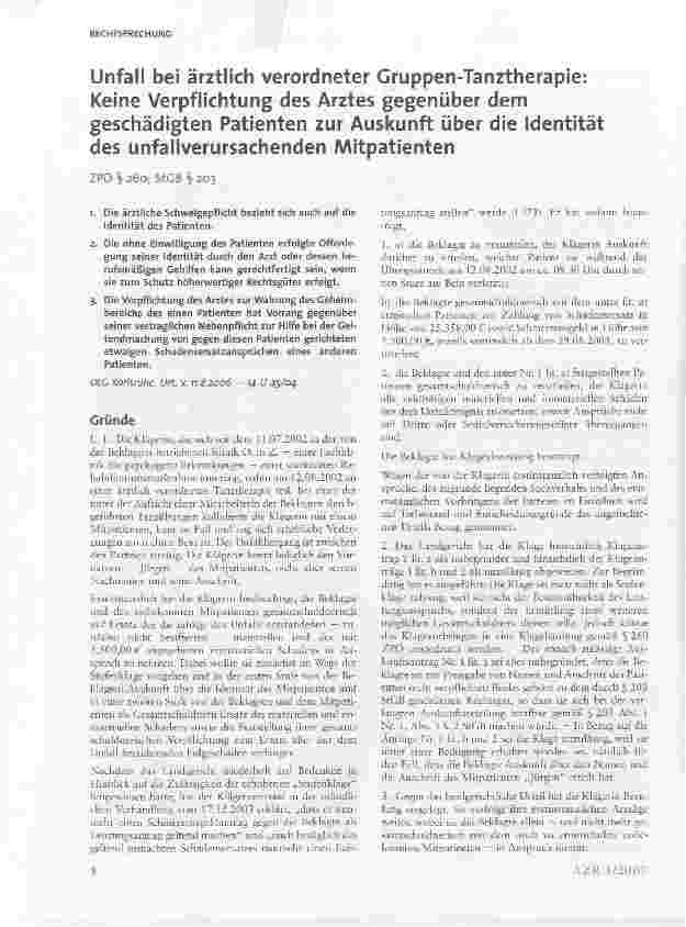 Vorschauseite 1: Unfall bei ärztlich verordneter Gruppen-Tanztherapie: Keine Verpflichtung des Arztes gegenüber dem geschädigten Patienten zur Auskunft über die Identität des unfallverursachenden…