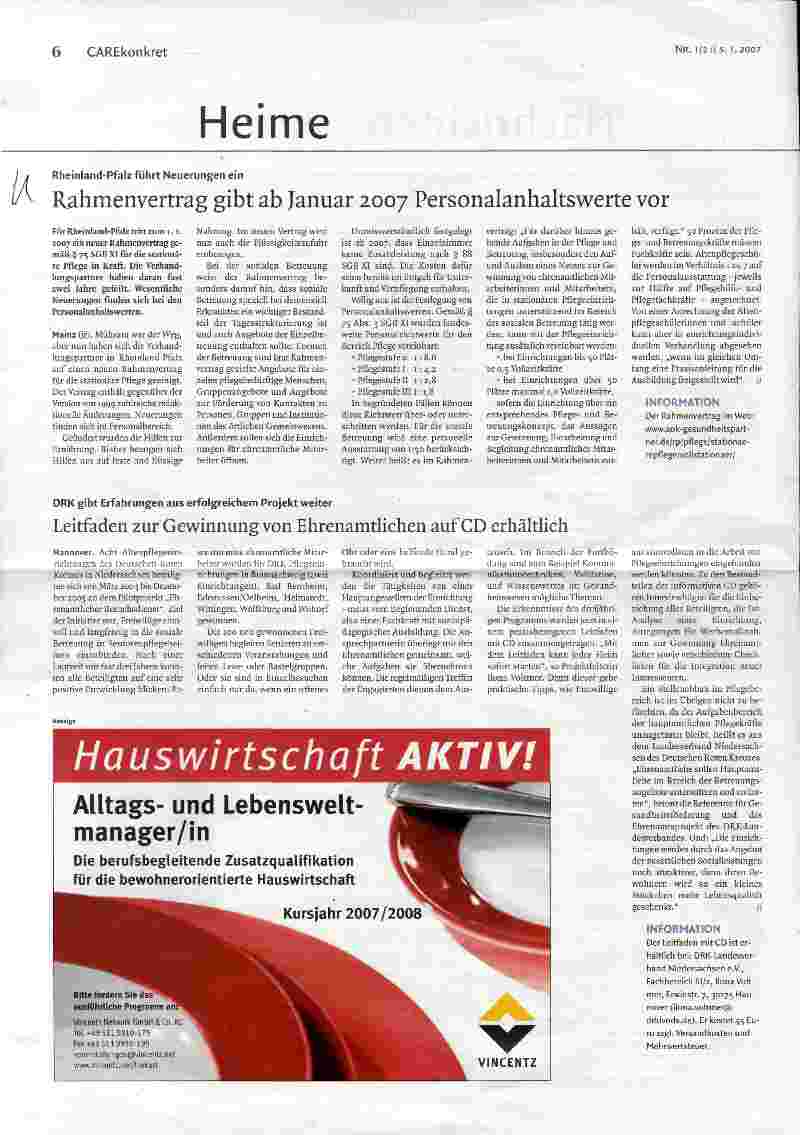 Vorschauseite 1: Rahmenvertrag gibt ab Januar 2007 Personalanhaltswerte vor