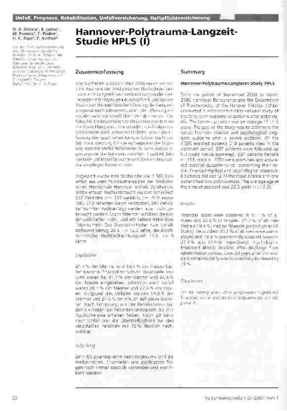 Vorschauseite 1: Hannover-Polytrauma-Langzeit-Studie HPLS (I)