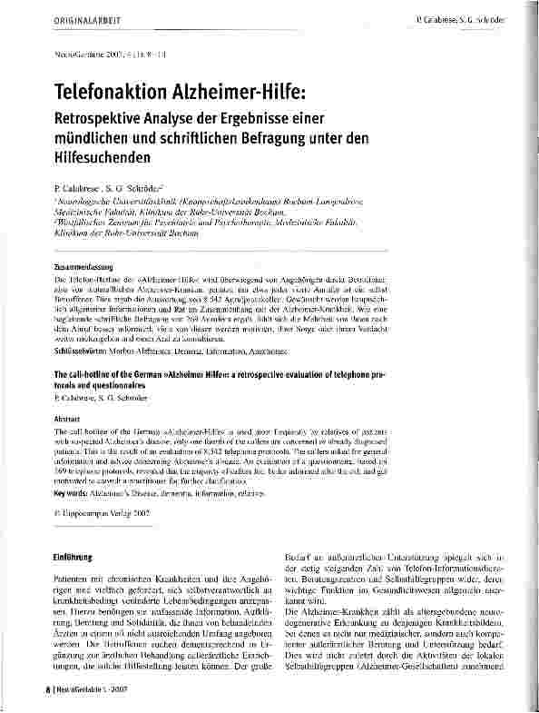 Vorschauseite 1: Telefonaktion Alzheimer-Hilfe: Retrospektive Analyse der Ergebnisse einer mündlichen und schriftlichen Befragung unter den Hilfesuchenden