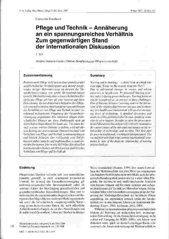 Vorschauseite 1: Pflege und Technik - Annäherung an ein spannungsreiches Verhältnis Zum gegenwärtigen Stand der internationalen Diskussion