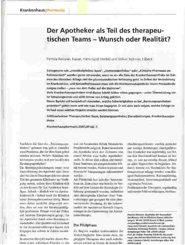 Vorschauseite 1: Der Apotheker als Teil des therapeutischen Teams - Wunsch oder Realität?
