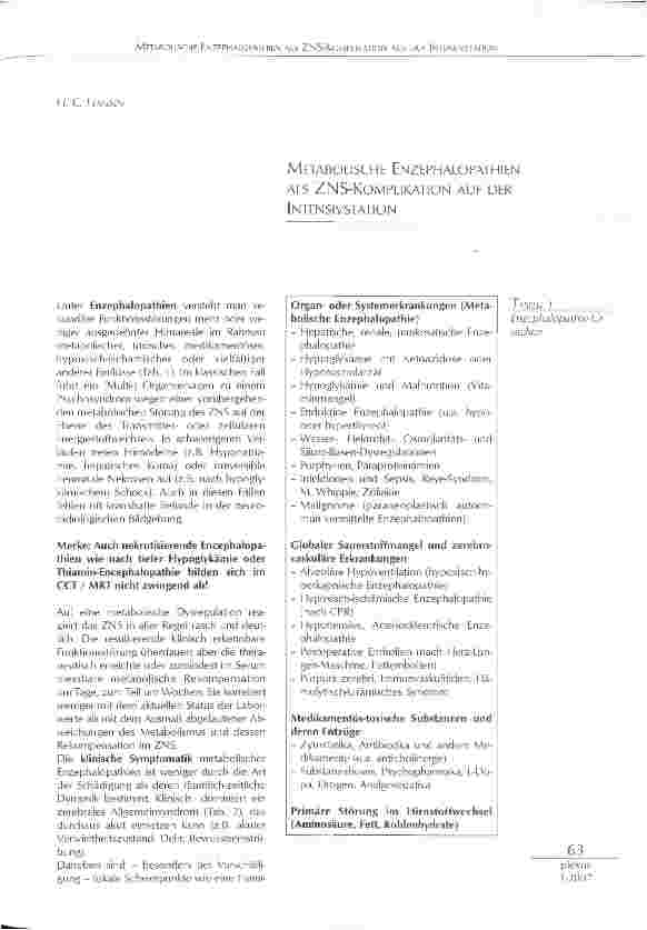 Vorschauseite 1: METABOLISCHE ENZEPHALOPATHIEN ALS ZNS-KOMPLIKATION AUF DER INTENSIVSTATION