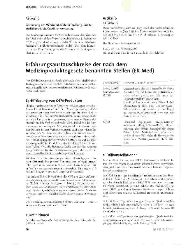 Vorschauseite 1: Erfahrungsaustauschkreise der nach dem Medizinproduktegesetz benannten Stellen (EK-Med)