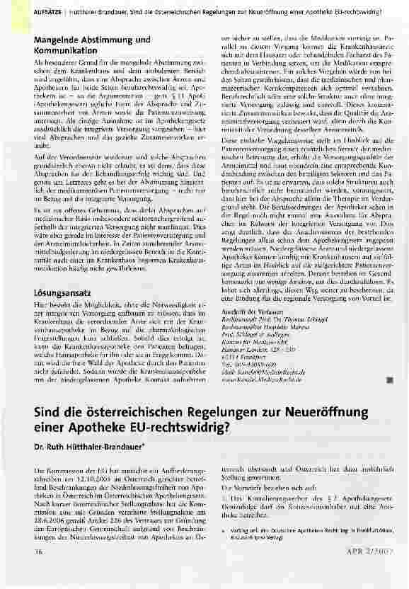 Vorschauseite 1: Sind die österreichischen Regelungen zur Neueröffnung einer Apotheke EU-rechtswidrig?
