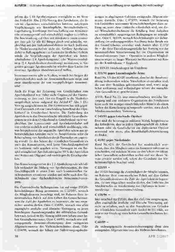 Vorschauseite 3: Sind die österreichischen Regelungen zur Neueröffnung einer Apotheke EU-rechtswidrig?