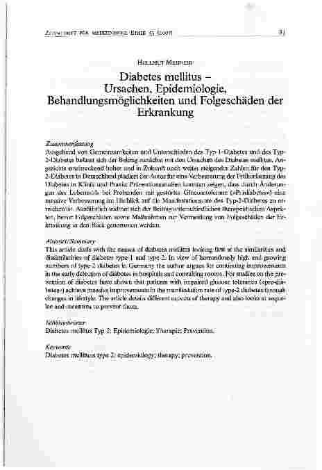 Vorschauseite 1: Diabetes mellitus -Ursachen, Epidemiologie,Behandlungsmöglichkeiten und Folgeschäden derErkrankung