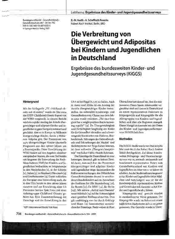 Vorschauseite 1: Die Verbreitung von Übergewicht und Adipositas bei Kindern und Jugendlichen in Deutschland