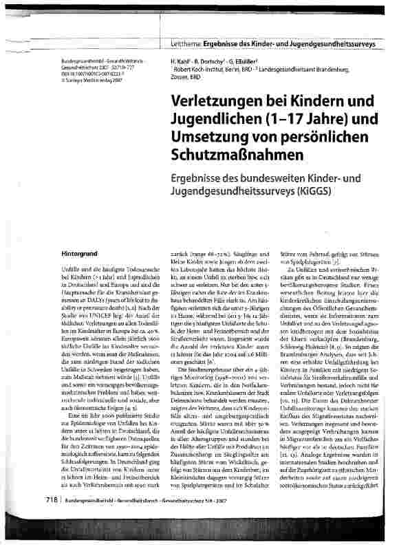 Vorschauseite 1: Verletzungen bei Kindern und Jugendlichen (1 -17 Jahre) und Umsetzung von persönlichen Schutzmaßnahmen