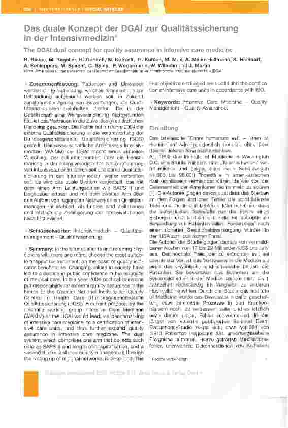 Vorschauseite 1: Das duale Konzept der DGAI zur Qualitätssicherung in der Intensivmedizin