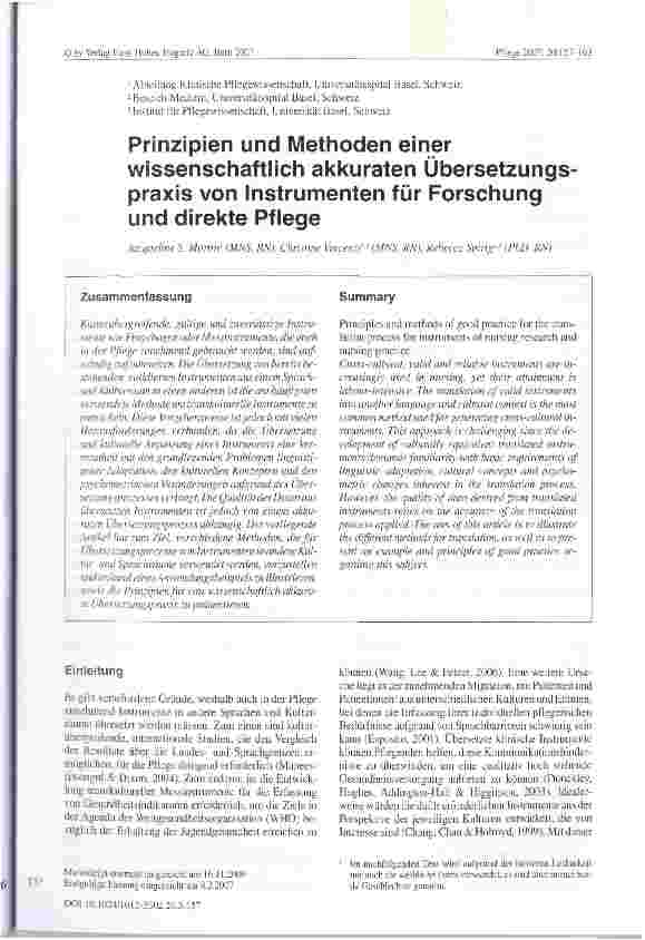 Vorschauseite 1: Prinzipien und Methoden einer wissenschaftlich akkuraten Übersetzungspraxis von Instrumenten für Forschung und direkte Pflege