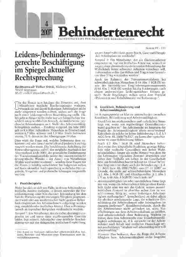 Vorschauseite 1: Leidens-/behinderungs-gerechte Beschäftigung im Spiegel aktueller Rechtsprechung