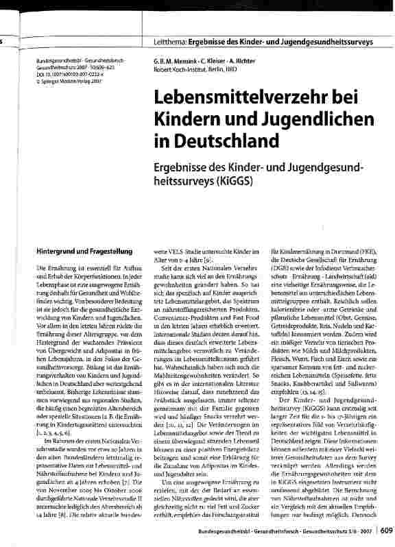 Vorschauseite 1: Lebensmittelverzehr bei Kindern und Jugendlichen in Deutschland