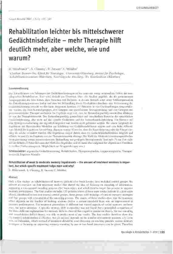 Vorschauseite 1: Rehabilitation leichter bis mittelschwerer Gedächtnisdefizite - mehr Therapie hilft deutlich mehr, aberweiche, wie und warum?