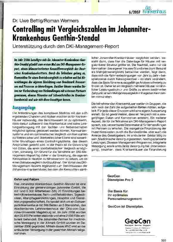 Vorschauseite 1: Krankenhaus Genthin-Stendal Controlling mit Vergleichszahlen im Johanniter
