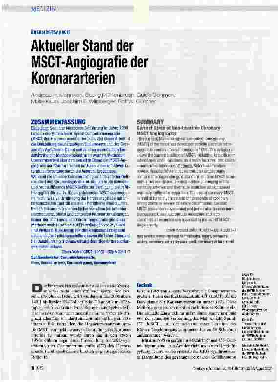 Vorschauseite 1: Aktueller Stand der MSCT-Angiografie der Koronararterien