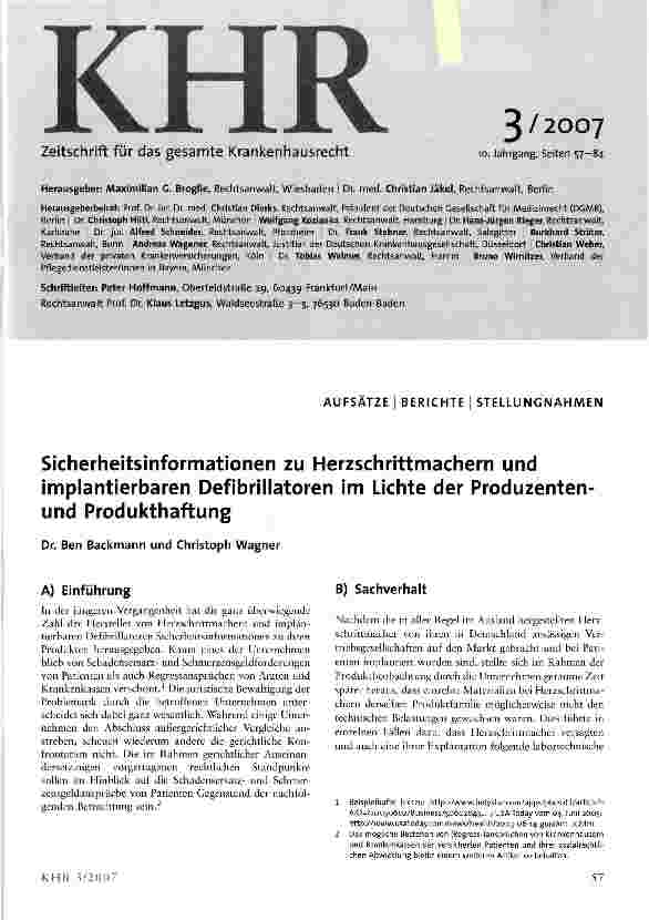 Vorschauseite 1: Sicherheitsinformationen zu Herzschrittmachern und implantierbaren Defibrillatoren im Lichte der Produzenten-und Produkthaftung