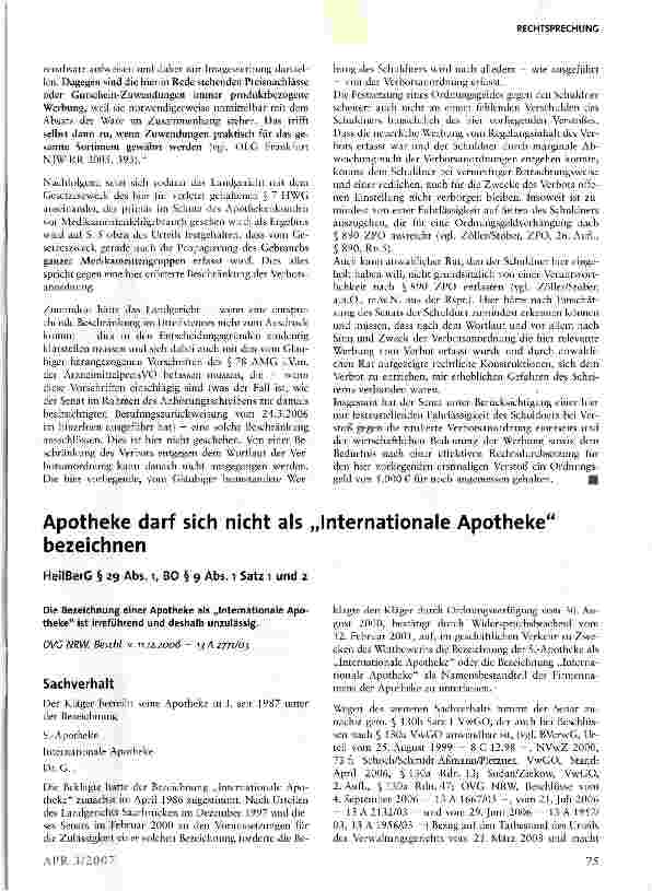 Vorschauseite 1: Apotheke darf sich nicht als Internationale Apotheke bezeichnen