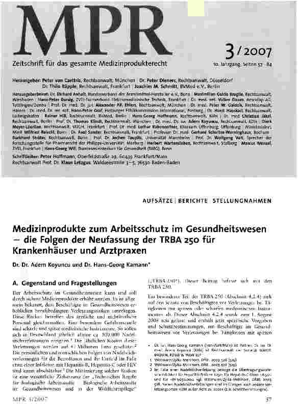 Vorschauseite 1: Medizinprodukte zum Arbeitsschutz im Gesundheitswesen - die Folgen der Neufassung der TRBA 250 für Krankenhäuser und Arztpraxen