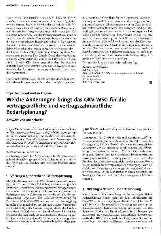 Vorschauseite 1: Welche Änderungen bringt das GKV-WSG für die vertragsärztliche und vertragszahnärztliche Bedarfsplanung?