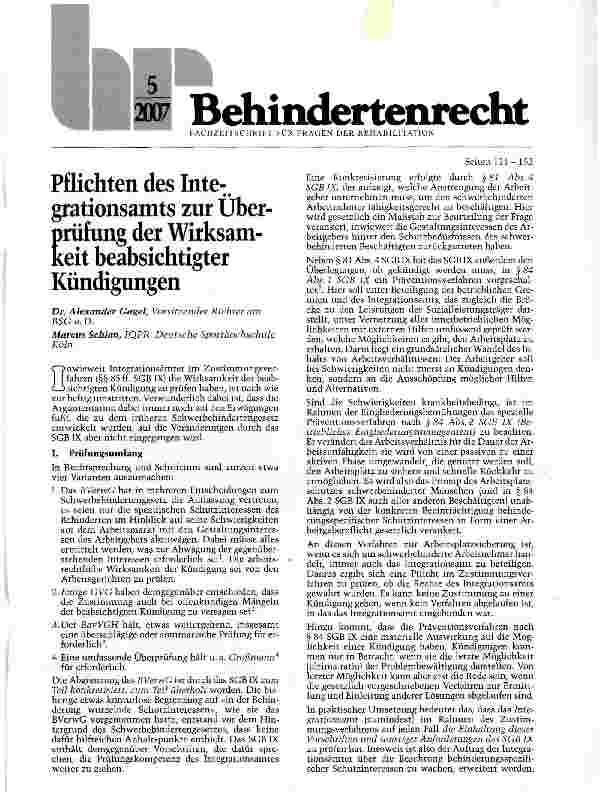 Vorschauseite 1: Pflichten des Integrationsamts zur Überprüfung der Wirksamkeit beabsichtigter Kündigungen