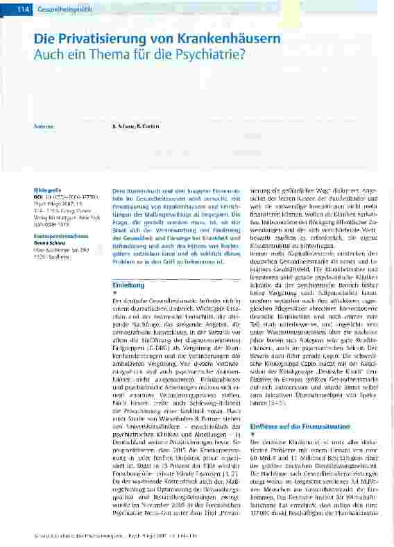 Vorschauseite 1: Die Privatisierung von Krankenhäusern Auch ein Thema für die Psychiatrie?