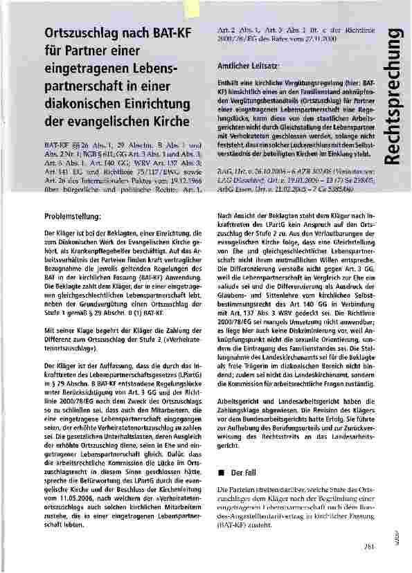 Vorschauseite 1: Ortszuschlag nach BAT-KF für Partner einer eingetragenen Lebenspartnerschaft in einer diakonischen Einrichtung der evangelischen Kirche