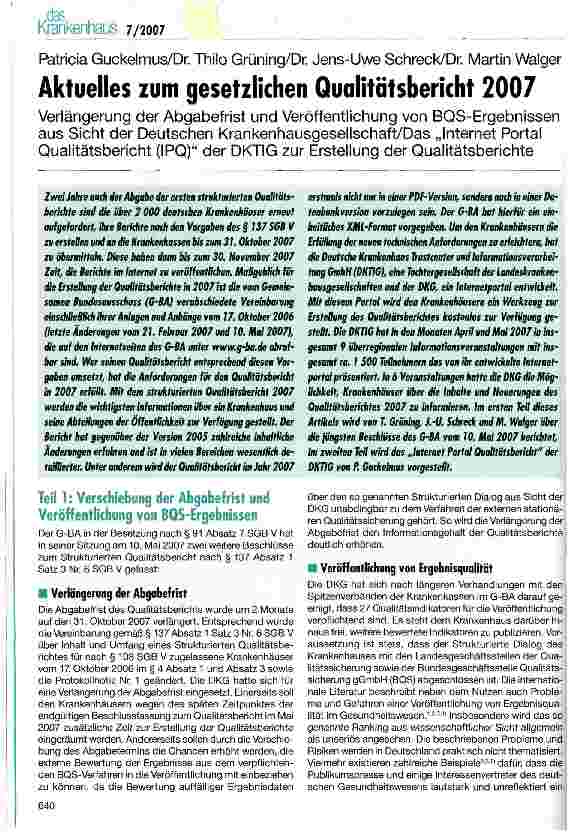 Vorschauseite 1: Aktuelles zum gesetzlichen Qualitätsbericht 2007
