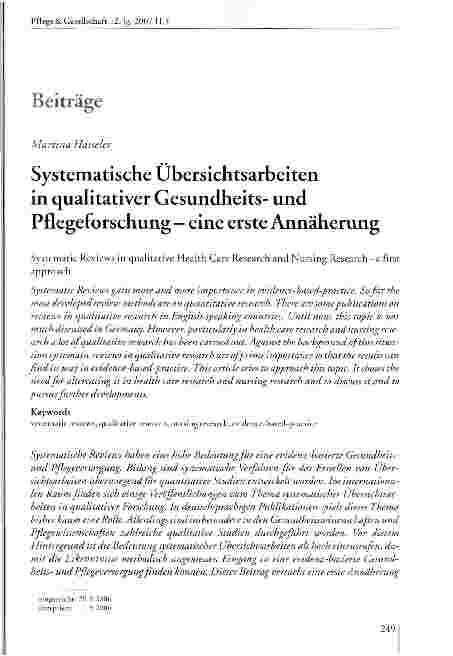 Vorschauseite 1: Systematische Übersichtsarbeiten in qualitativer Gesundheitsund Pflegeforschung - eine erste Annäherung