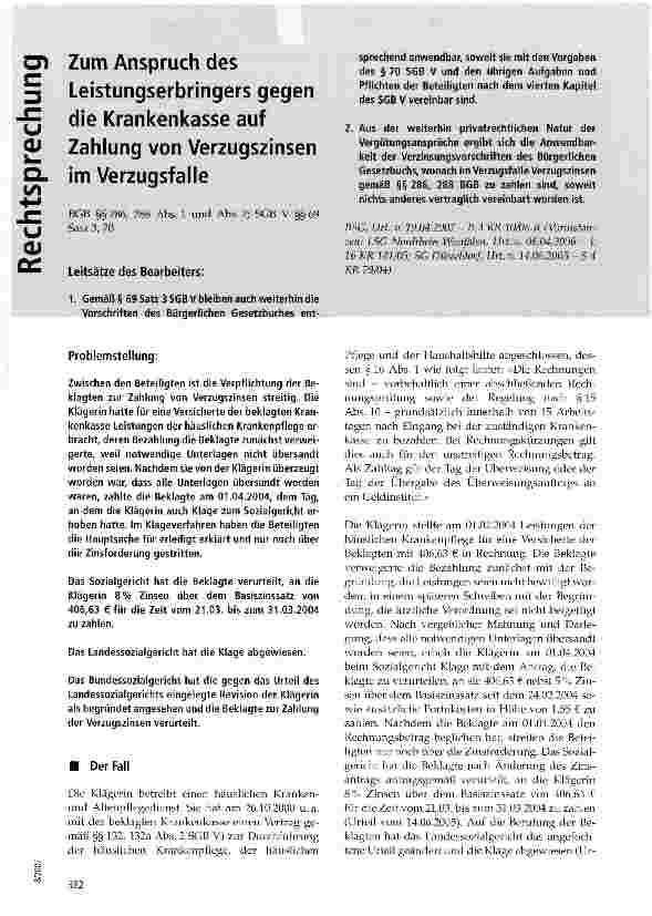 Vorschauseite 1: Zum Anspruch des Leistungserbringers gegen die Krankenkasse auf Zahlung von Verzugszinsen im Verzugsfalle