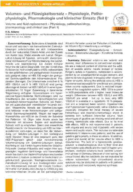 Vorschauseite 1: Volumenund Flüssigkeitsersatz - Physiologie, Pathophysiologie, Pharmakologie und klinischer Einsatz