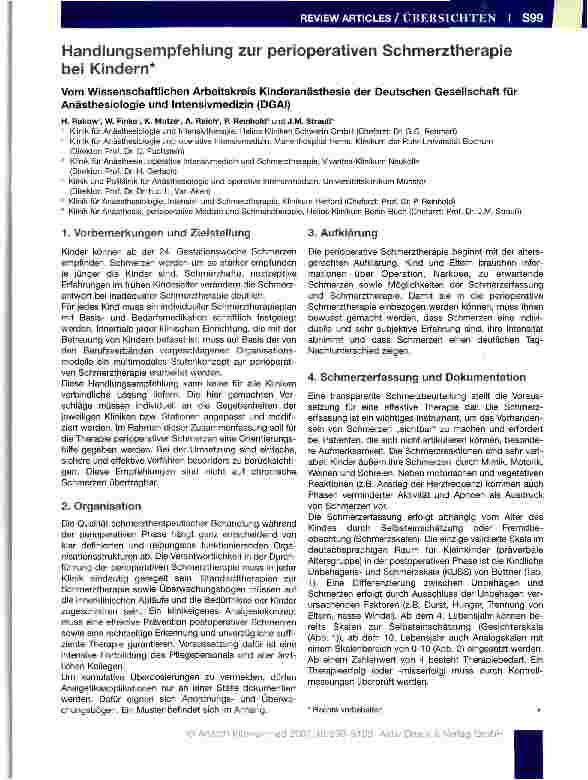 Vorschauseite 1: Handlungsempfehlung zur perioperativen Schmerztherapie bei Kindern